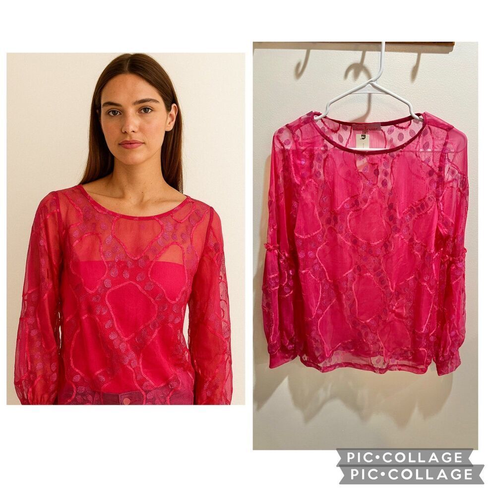 NEW Anthropologie Pink Sheer Blouse Boho Dainty Coquette Spring Chic Small